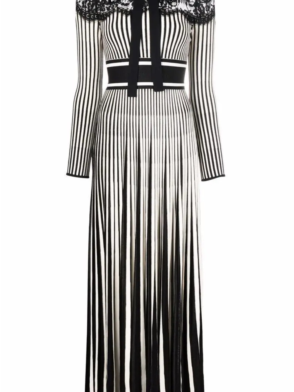 ELIE SAAB Floral Lace Knitted Long Sleeve Dress Black White Striped Chain Collar - Picture 3 of 16